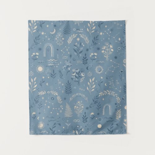 Boho Celestial Botanical Dusty Blue Wall Hanging Tapestry