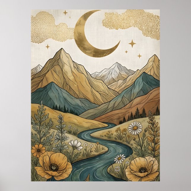 Boho Celestial Crescent Moon Mountain River Poster (Front)