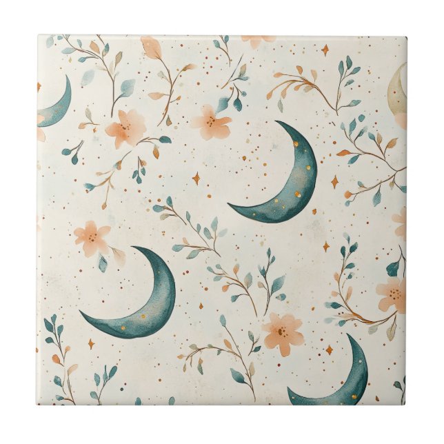 Boho Celestial Floral Moon Pattern (1) Ceramic Tile (Front)