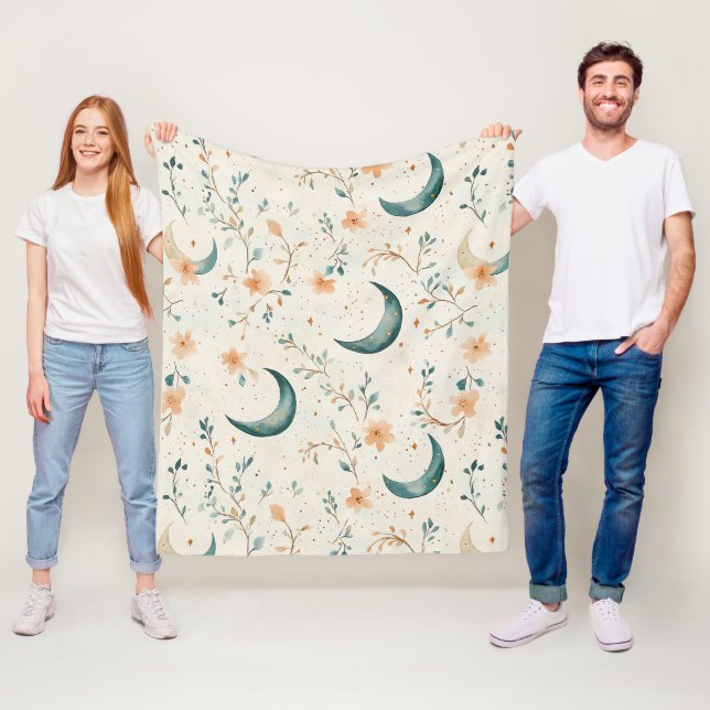 Boho Celestial Floral Moon Pattern (1) Fleece Blanket (In Situ)