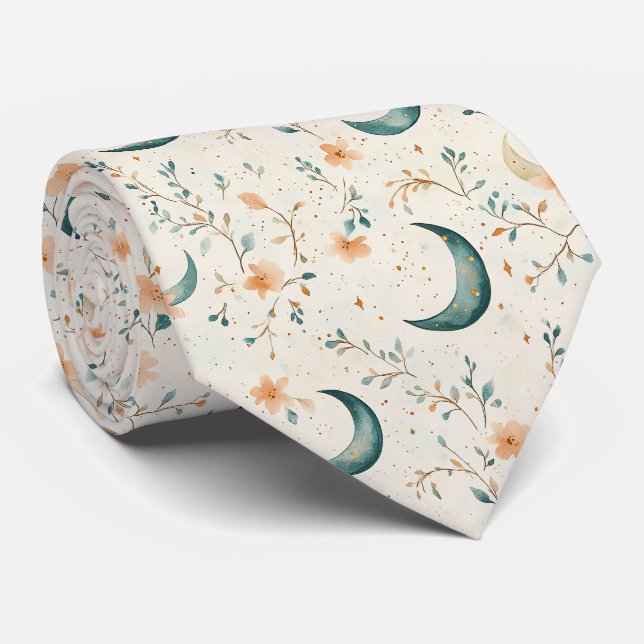 Boho Celestial Floral Moon Pattern (1) Neck Tie (Rolled)