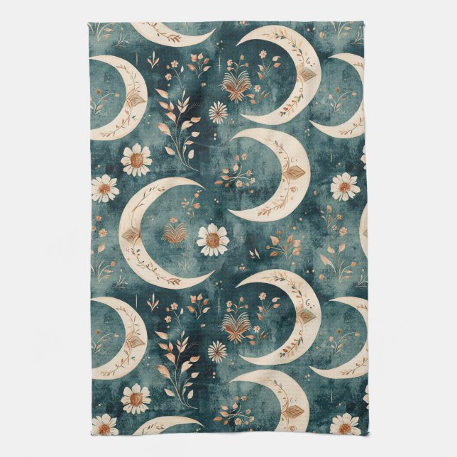 Boho Celestial Floral Moon Pattern (9) Kitchen Towel (Vertical)