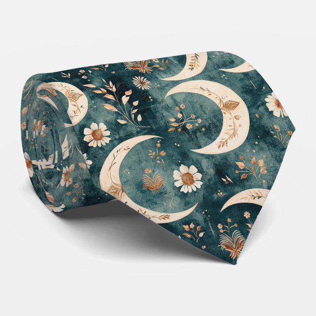Boho Celestial Floral Moon Pattern (9) Neck Tie (Rolled)