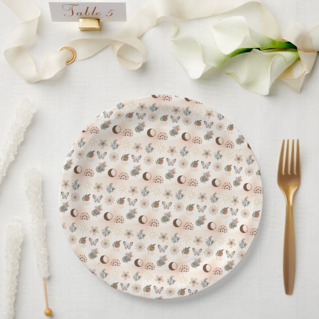Boho Celestial Floral Pattern Paper Plates (Wedding)