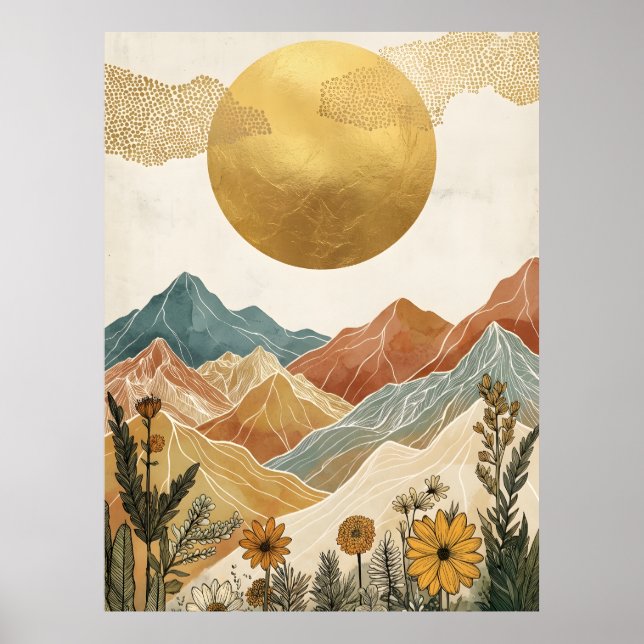 Boho Celestial Large Gold Sun Mountain Poster (Front)