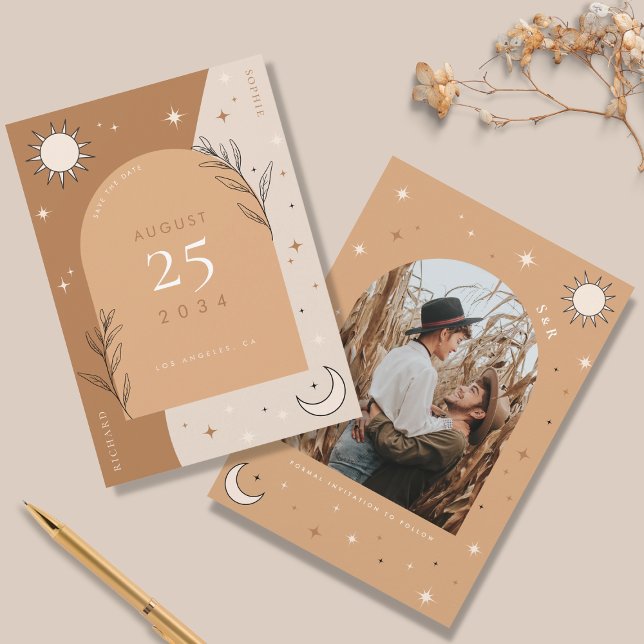 Boho Celestial Moon and Sun Mystic Photo Wedding Save The Date (Creator Uploaded)