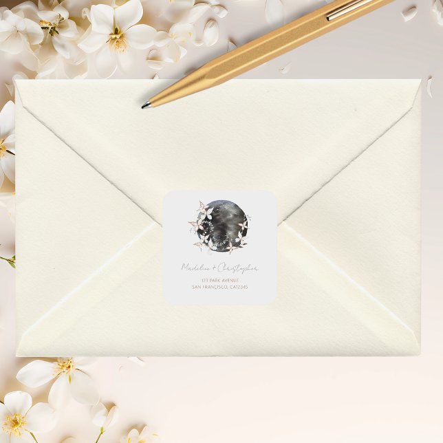 Boho Celestial Moon Floral Wedding Address Square Sticker (Creator Uploaded)
