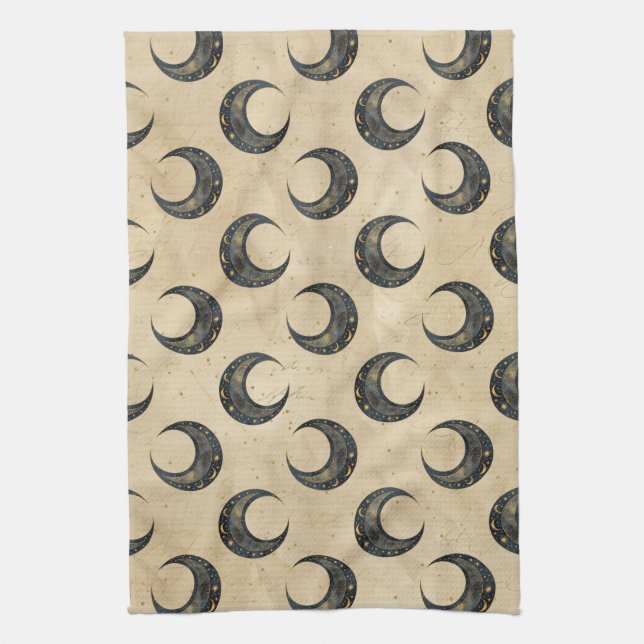 Boho Celestial Moon Gold Pattern Kitchen Towel (Vertical)