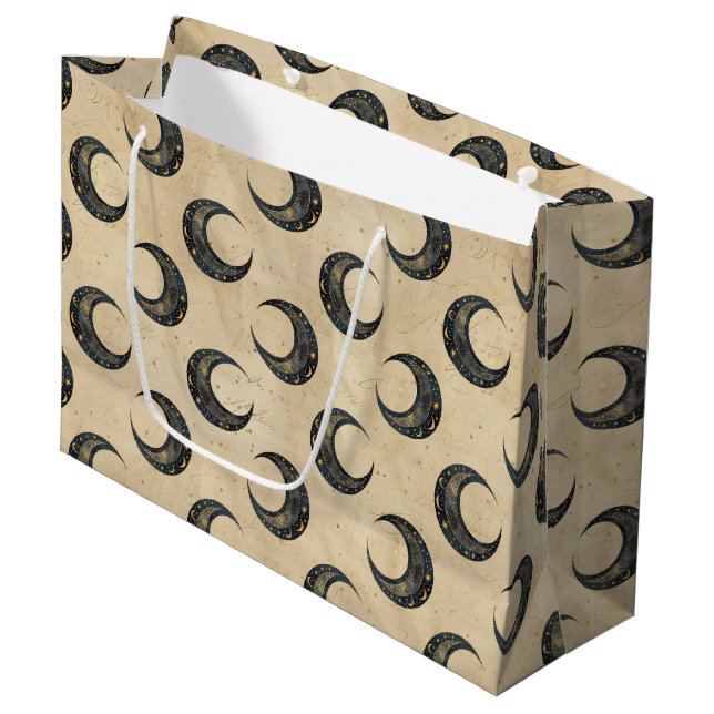 Boho Celestial Moon Gold Pattern Large Gift Bag (Front Angled)