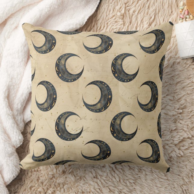 Boho Celestial Moon Gold Pattern Throw Pillow (Blanket)