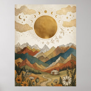 Boho Celestial Moon Phase Mountain Yurt Poster