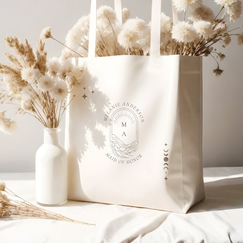 Boho Celestial Moon Star Monogram Holistic Wedding Tote Bag