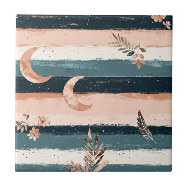 Boho Celestial Moon Stripe in Earth Tones Ceramic Tile (Front)