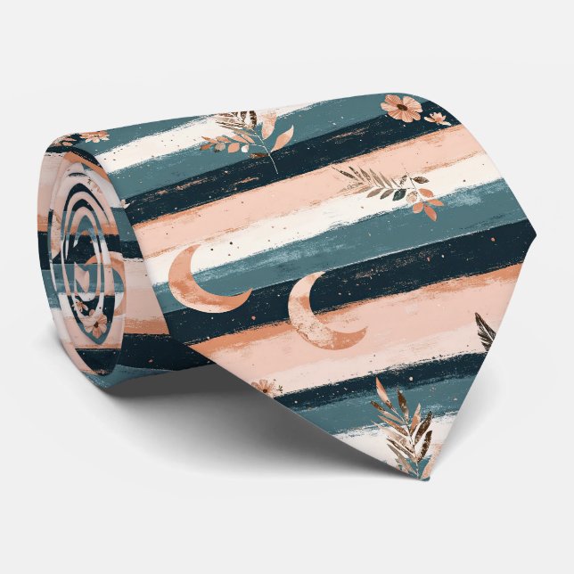 Boho Celestial Moon Stripe in Earth Tones Neck Tie (Rolled)