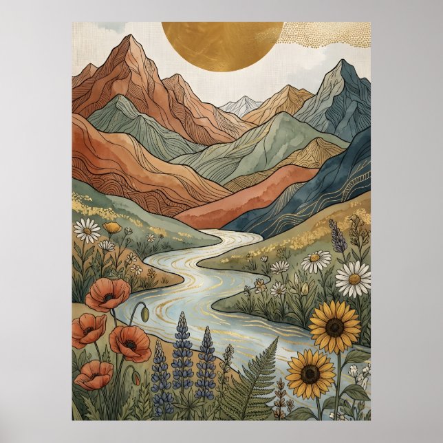 Boho Celestial Mountain Gold River Sunflower Poster (Front)