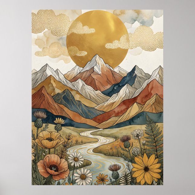 Boho Celestial Mountain River Sun Meadow Poster (Front)