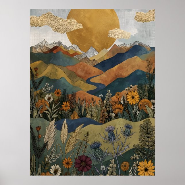 Boho Celestial Mountain Valley River Thistle Poster (Front)