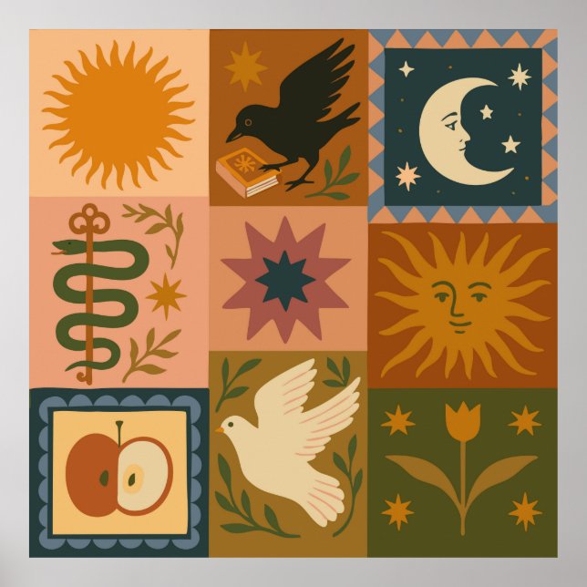 Boho Celestial | Retro Sun & Moon Poster (Front)