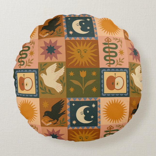 Boho Celestial | Retro Sun & Moon Round Pillow (Front)