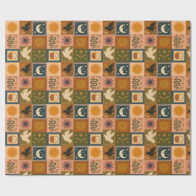 Boho Celestial | Retro Sun & Moon Wrapping Paper (Flat)