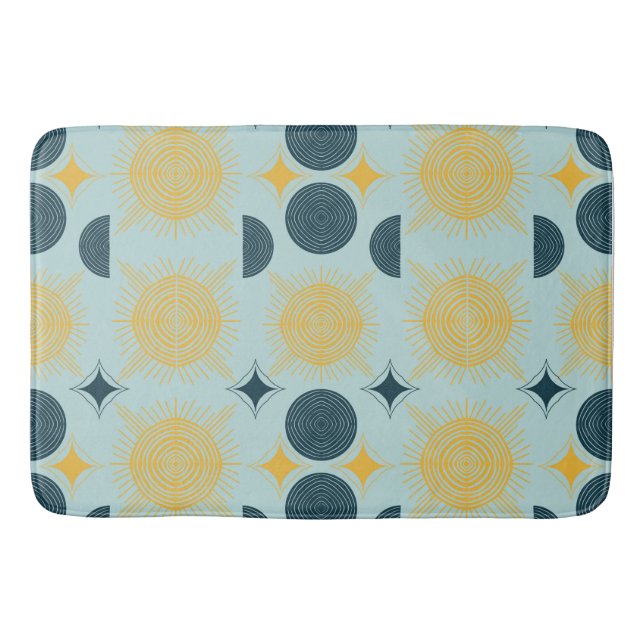 Boho Celestial Sun Moon Blue Pattern Bathmat  (Front)