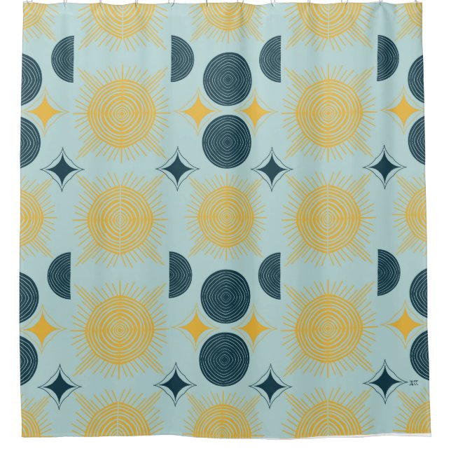 Boho Celestial Sun Moon Blue Pattern Shower Curtain (Front)