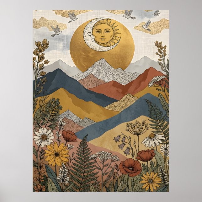Boho Celestial Sun Moon Face Mountain Birds Poster (Front)