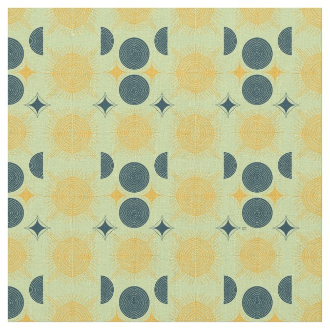 Boho Celestial Sun Moon Mint Pattern Fabric (Close Up)