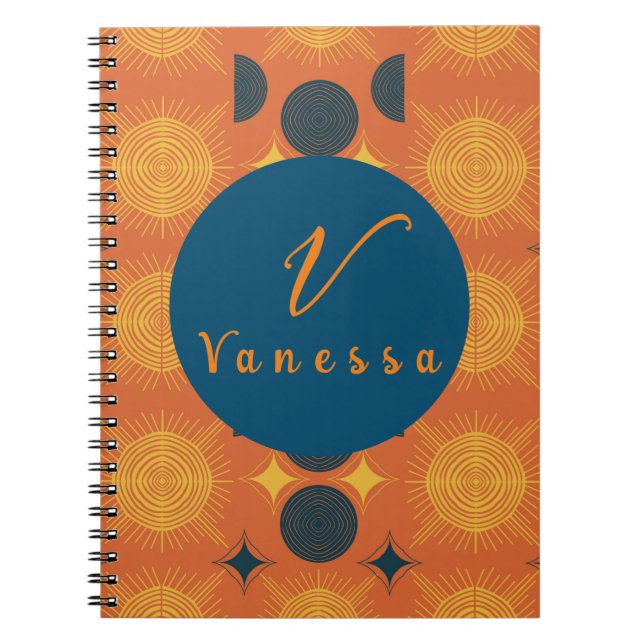 Boho Celestial Sun Moon Orange Monogram Script  Notebook (Front)