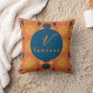 Boho Celestial Sun Moon Orange Monogram Script   Throw Pillow