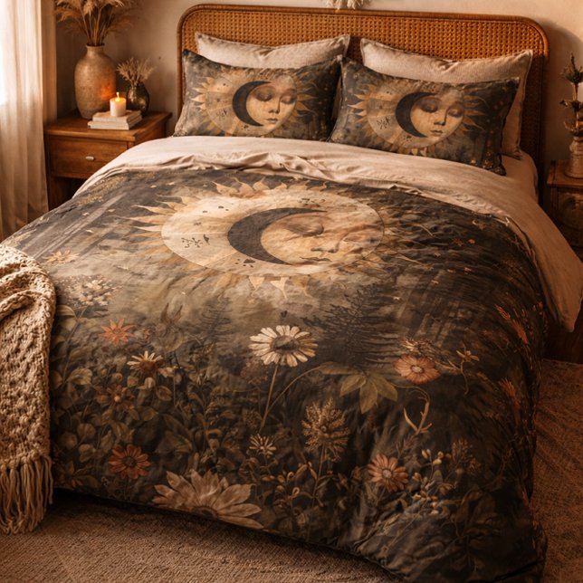 Boho Celestial Sun Moon Wildflower Garden Pillow Case (Creator Uploaded)