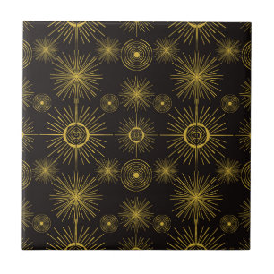 Boho Celestial Sun Stars Black Pattern Ceramic Tile