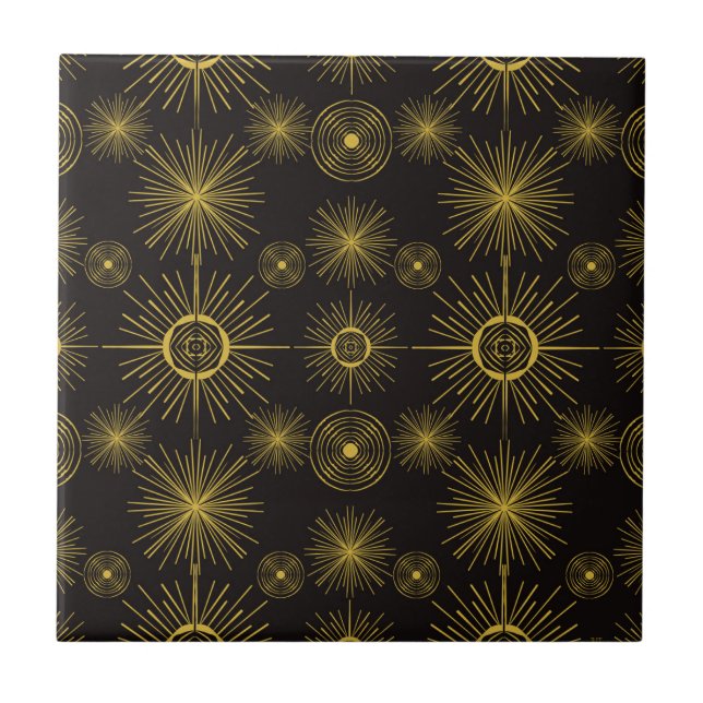 Boho Celestial Sun Stars Black Pattern  Ceramic Tile (Front)