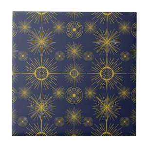 Boho Celestial Sun Stars Blue Pattern Ceramic Tile