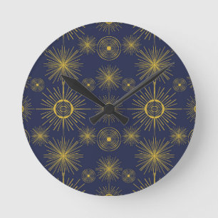 Boho Celestial Sun Stars Blue Pattern Round Clock