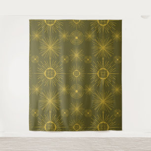 Boho Celestial Sun Stars Green Pattern Tapestry