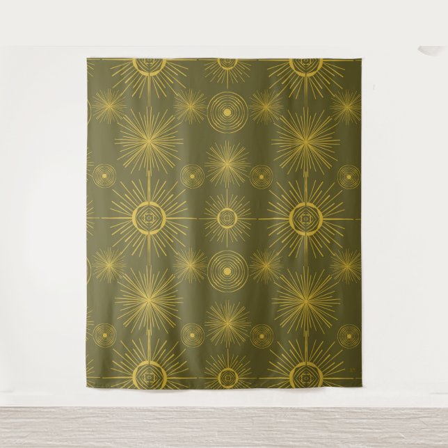 Boho Celestial Sun Stars Green Pattern  Tapestry (Front)