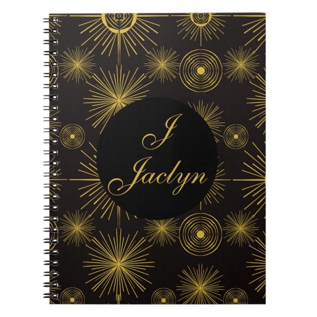 Boho Celestial Sun Stars Personalized Black Notebook (Front)