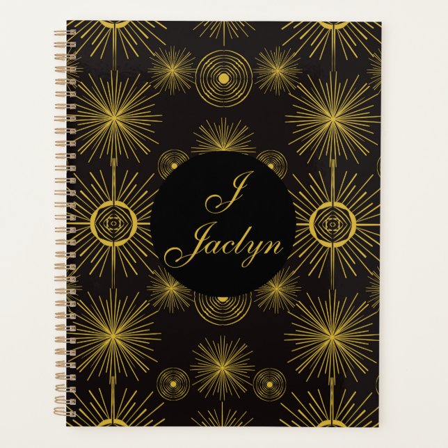 Boho Celestial Sun Stars Personalized Black Planner (Front)