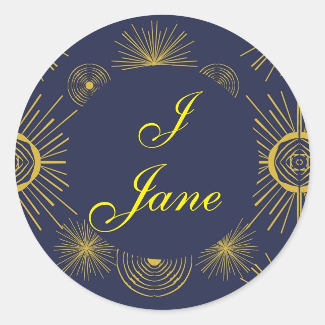 Boho Celestial Sun Stars Personalized Blue Classic Round Sticker (Front)