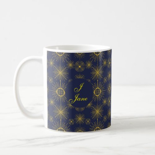 Boho Celestial Sun Stars Personalized Blue  Coffee Mug