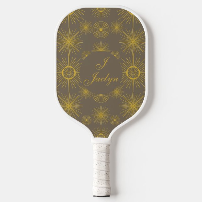 Boho Celestial Sun Stars Personalized Gray Pickleball Paddle (Front)