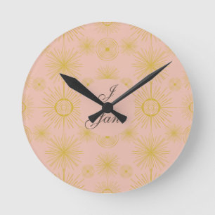 Boho Celestial Sun Stars Personalized Pink  Round Clock
