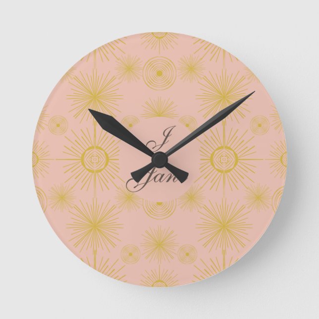 Boho Celestial Sun Stars Personalized Pink  Round Clock (Front)