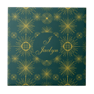 Boho Celestial Sun Stars Personalized Teal Ceramic Tile