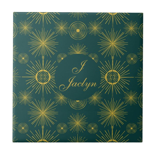 Boho Celestial Sun Stars Personalized Teal  Ceramic Tile (Front)