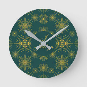 Boho Celestial Sun Stars Personalized Teal Round Clock