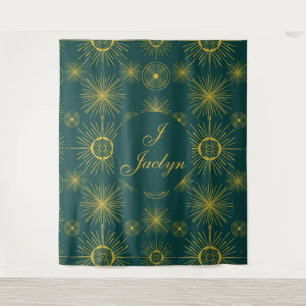 Boho Celestial Sun Stars Personalized Teal Tapestry