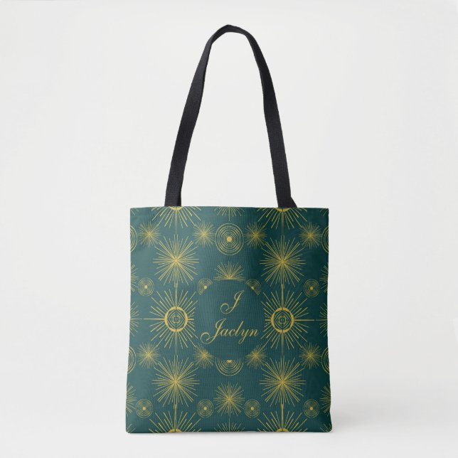 Boho Celestial Sun Stars Personalized Teal  Tote Bag (Front)
