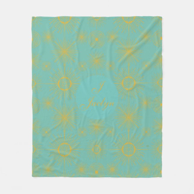 Boho Celestial Sun Stars Personalized Turquoise Fleece Blanket (Front)